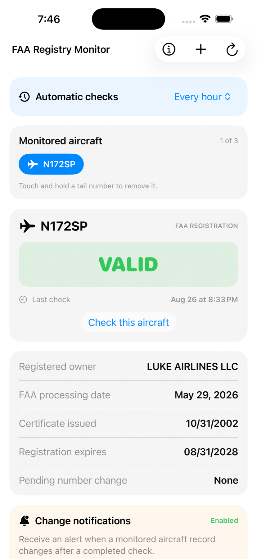 FAA Registry Monitor showing N172SP registration status and registered owner