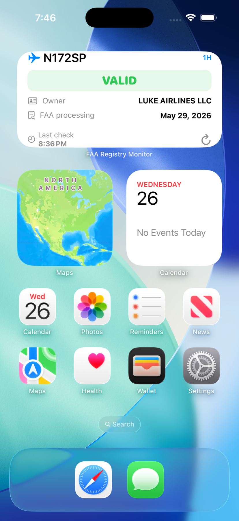FAA Registry Monitor medium widget showing owner, status, and FAA processing date